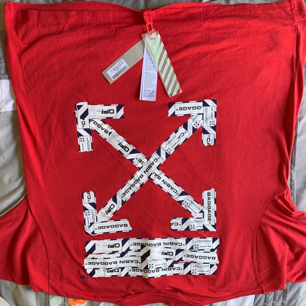 Authentic Off-White Red Airport Tape Over T-Shirt